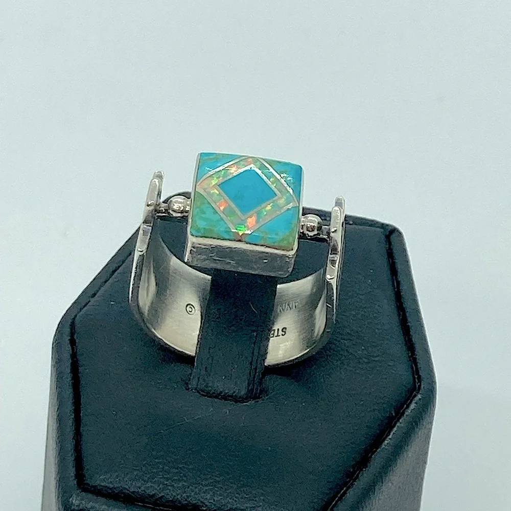 Vtg Navajo Sterling Turquoise & Opal Wide Modernist Style Ring Sz 7.5 Ann Curley - Picture 3 of 13